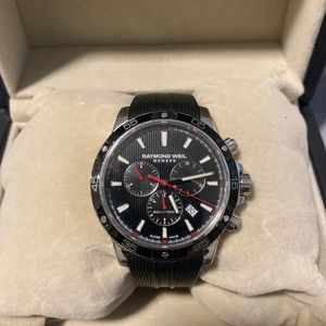 Raymond Weil black chronograph water resistant. Black rubber strap